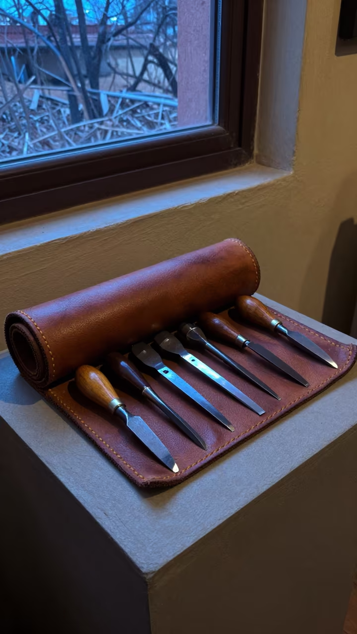 Woodcarving Gouges in Leather Roll on Museum Plinth in on a museum plinth in Ludhiana