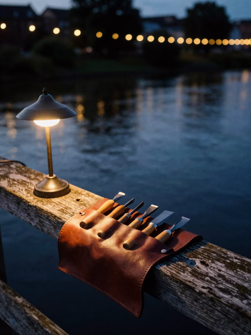 Woodcarving Gouges on Pier Railing St Johns in on a pier railing near St. Johns, Portland