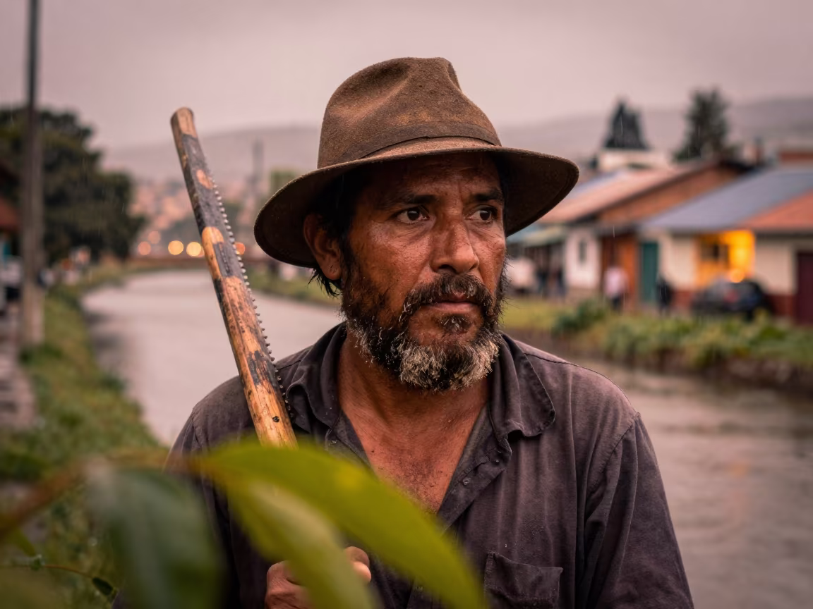 Woodcutter Beside Canal with Sawdust Beard in beside a canal in La Macarena, Bogota