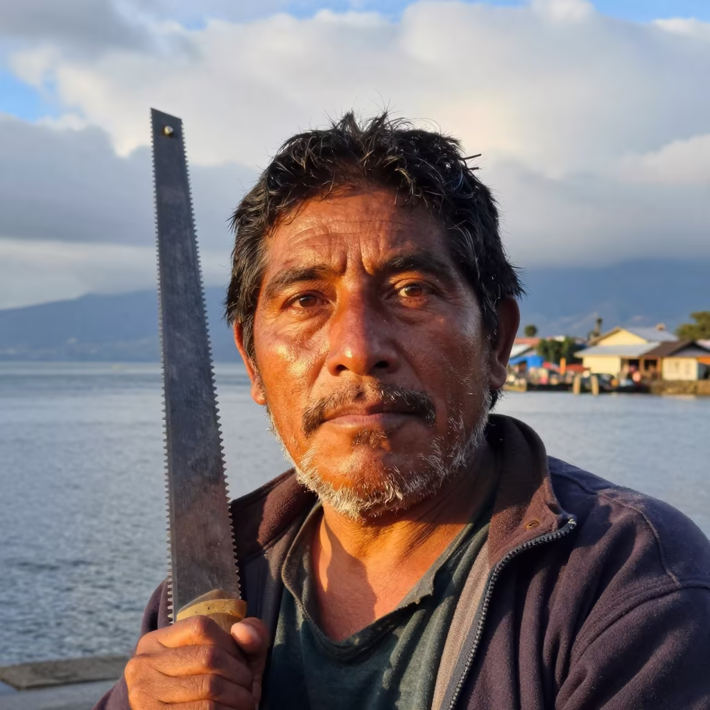 Woodcutter Face with Sawdust at Huancayo Harbor in at a harbor edge in Huancayo