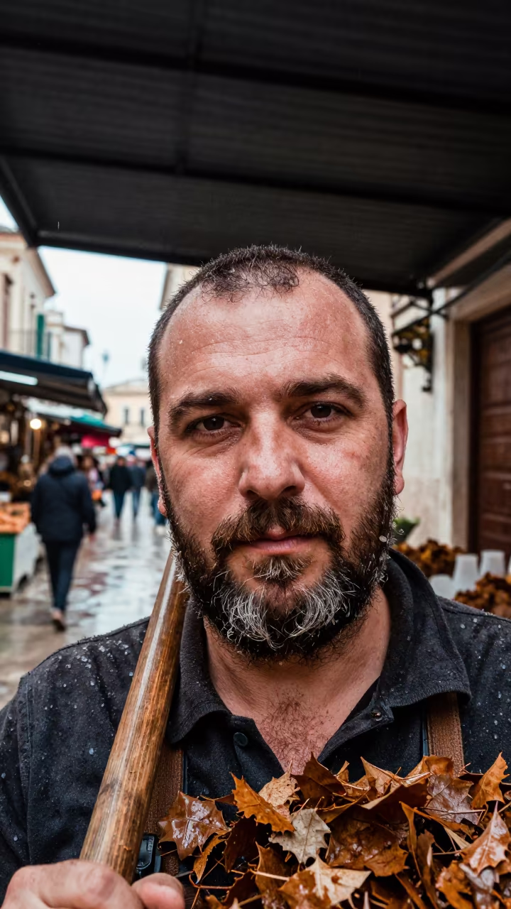 Woodcutter Face with Sawdust Beard in Taranto Market in along a market lane in Taranto