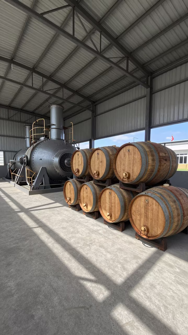 Wooden Barrels Stacked Three High in Turbine Hall in in a turbine hall near Dabou