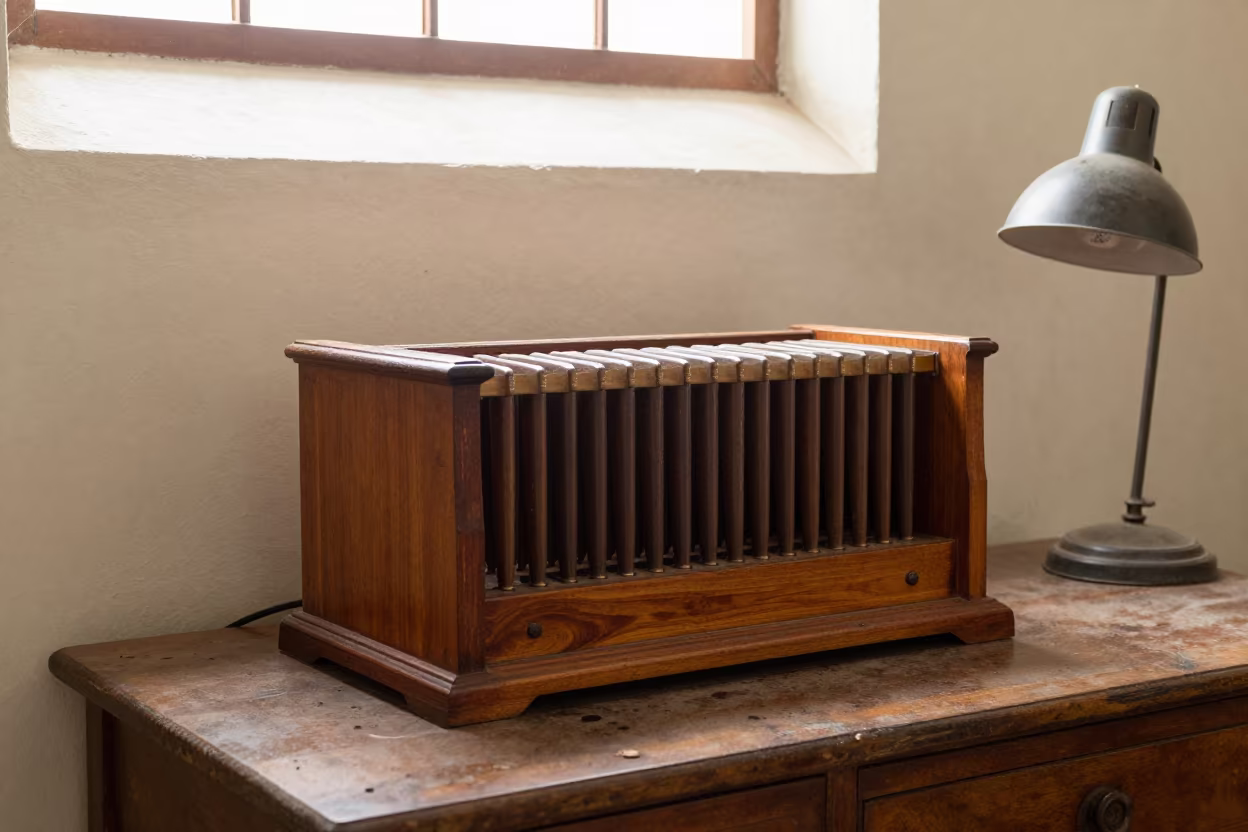 Wooden Bellows on Library Table in Ile Ife in on a dusty library table in Ile Ife