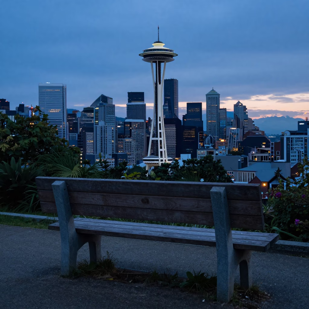 Wooden Bench in Seattle at Indigo Twilight After Sunset in in Seattle, Washington, United States