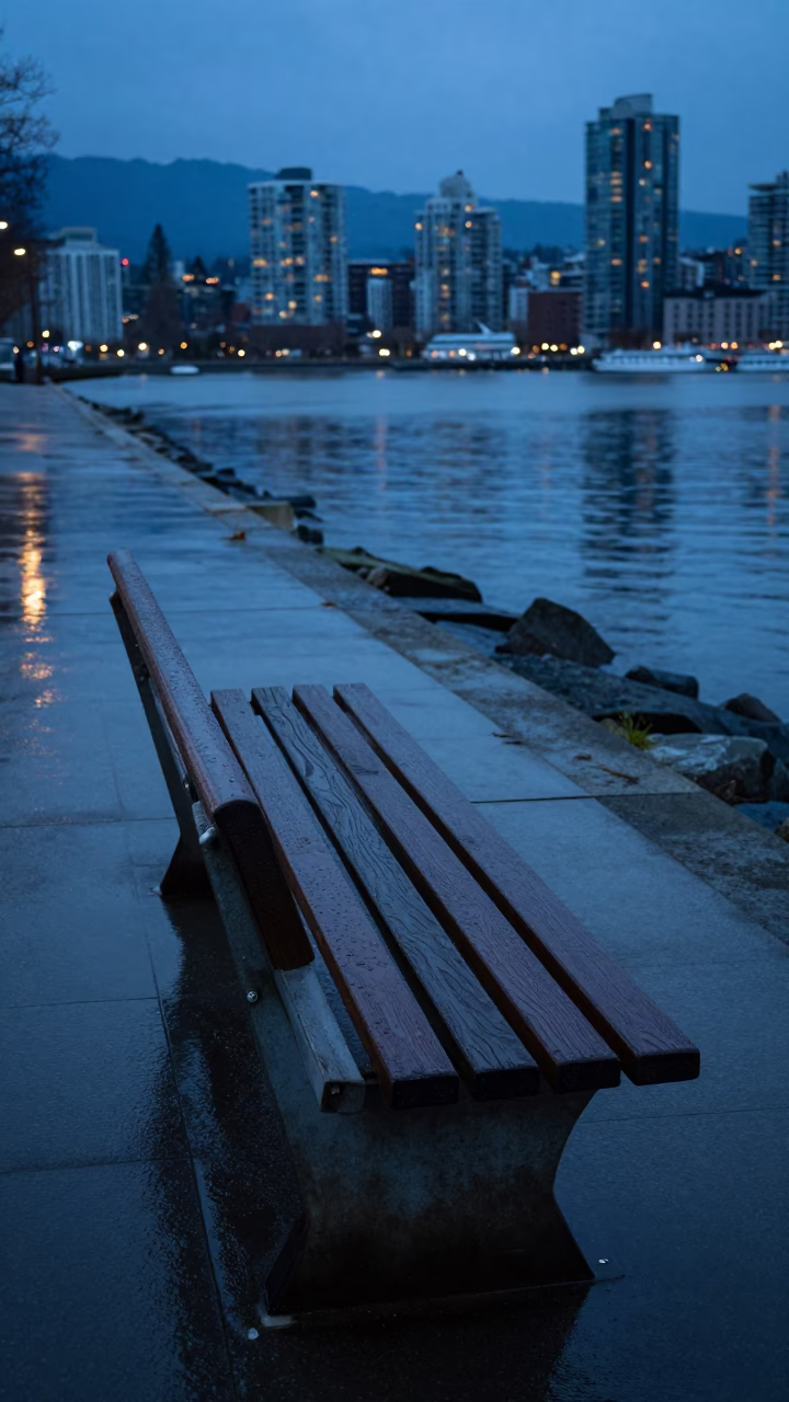 Wooden Bench in Vancouver in in Vancouver, British Columbia, Canada