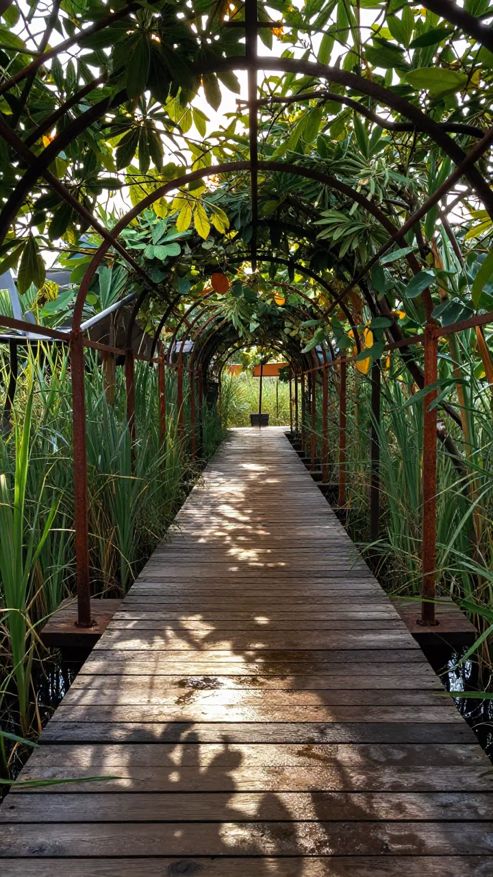 Wooden Boardwalk Through Rainy Season Wetlands in inside a vaulted atrium in Haiphong