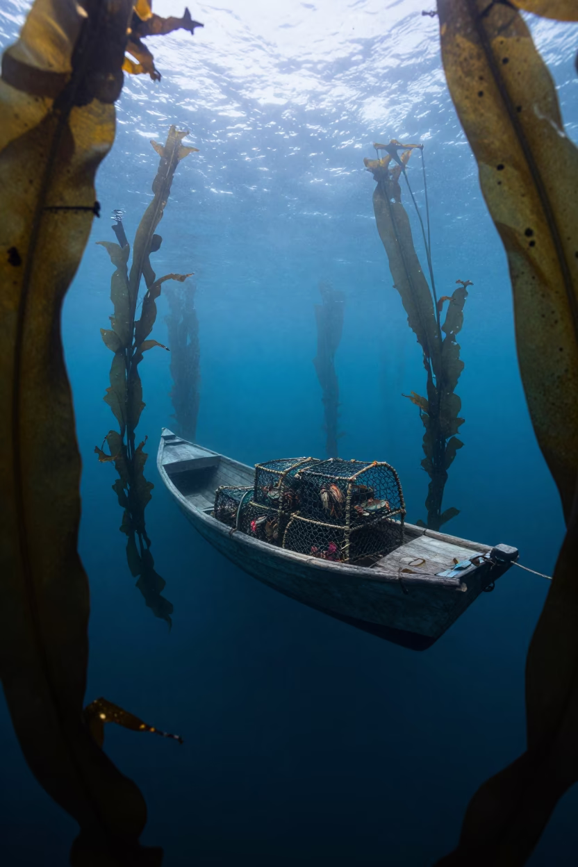 Wooden boat hauling crab pots in Tanzanian kelp forest in through a forest of kelp fronds in Tanzania