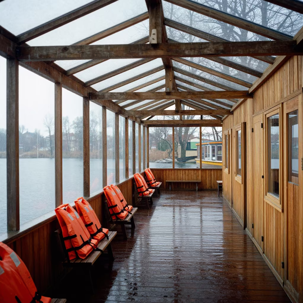 Wooden Boathouse in Glass Arcade Drizzle in inside a glass-roofed arcade near Lublin