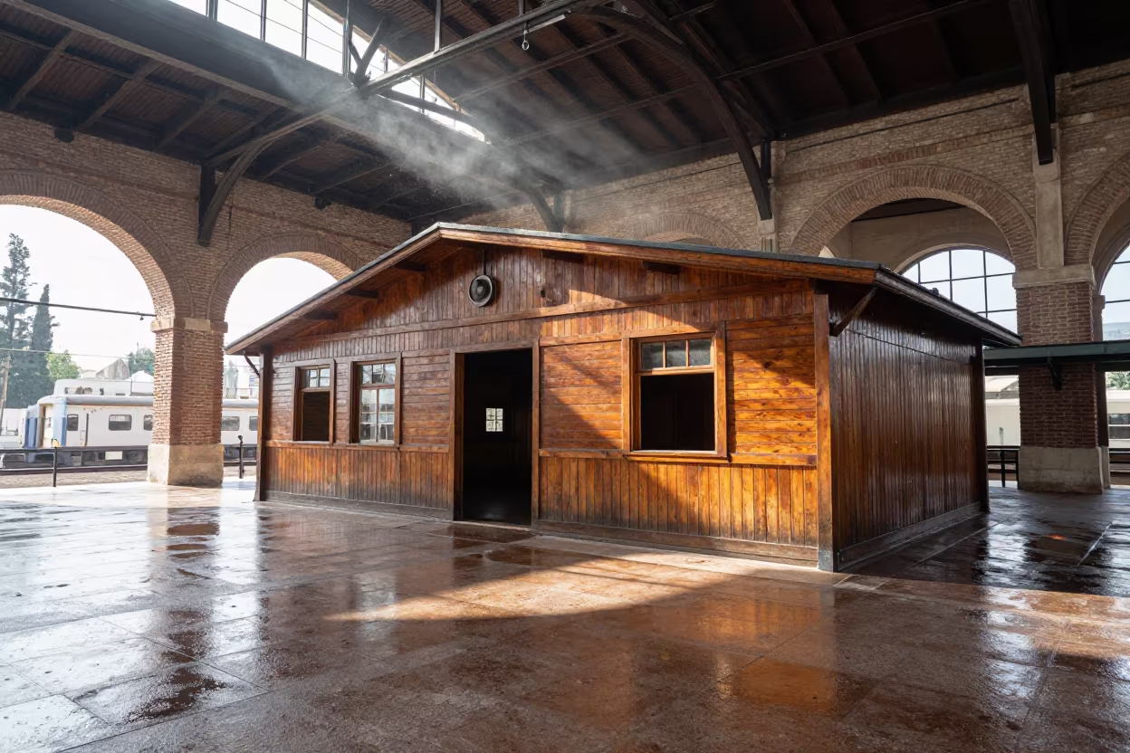 Wooden Boathouse Inside Restored Train Terminal Amman in inside a restored train terminal in Amman