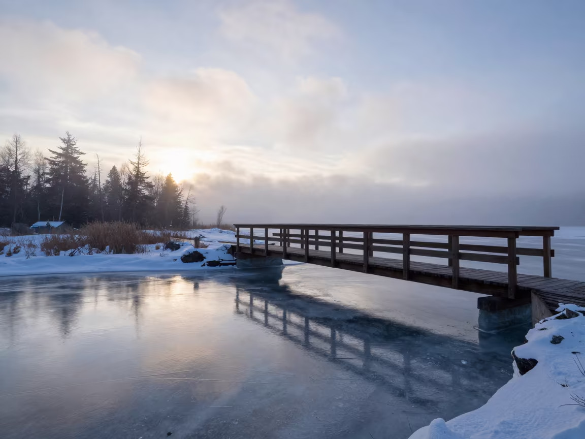 Wooden Bridge Over Frozen Brook in Misty Dawn in in Canada