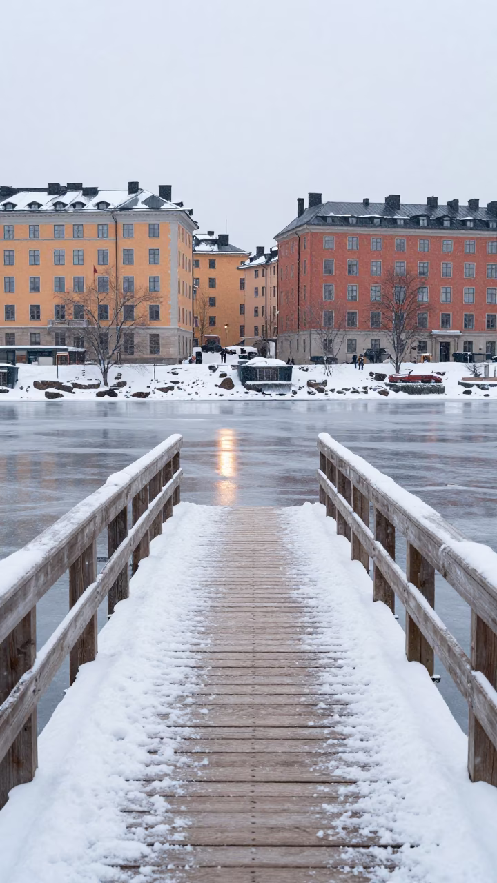 Wooden Bridge Over Frozen Brook in Stockholm Winter in near SOFO, Stockholm