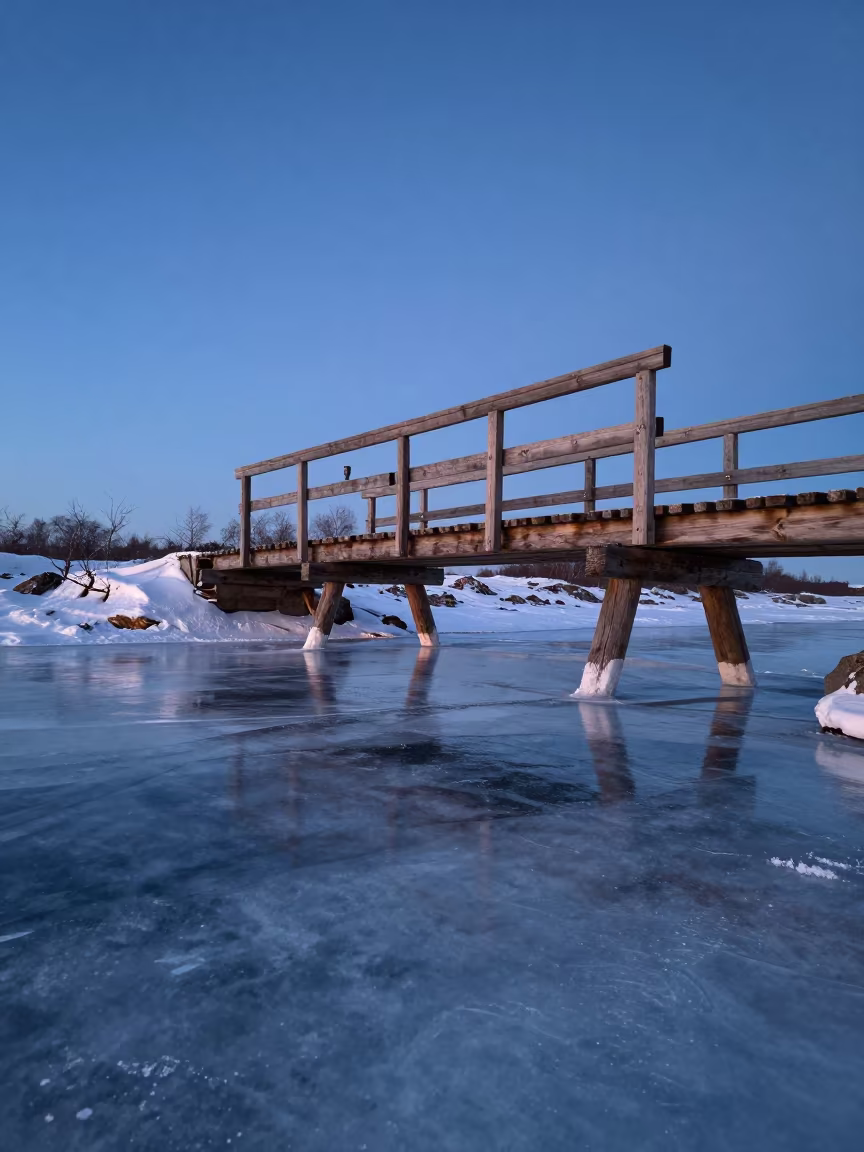 Wooden Bridge Over Frozen Brook Russia in in Russia