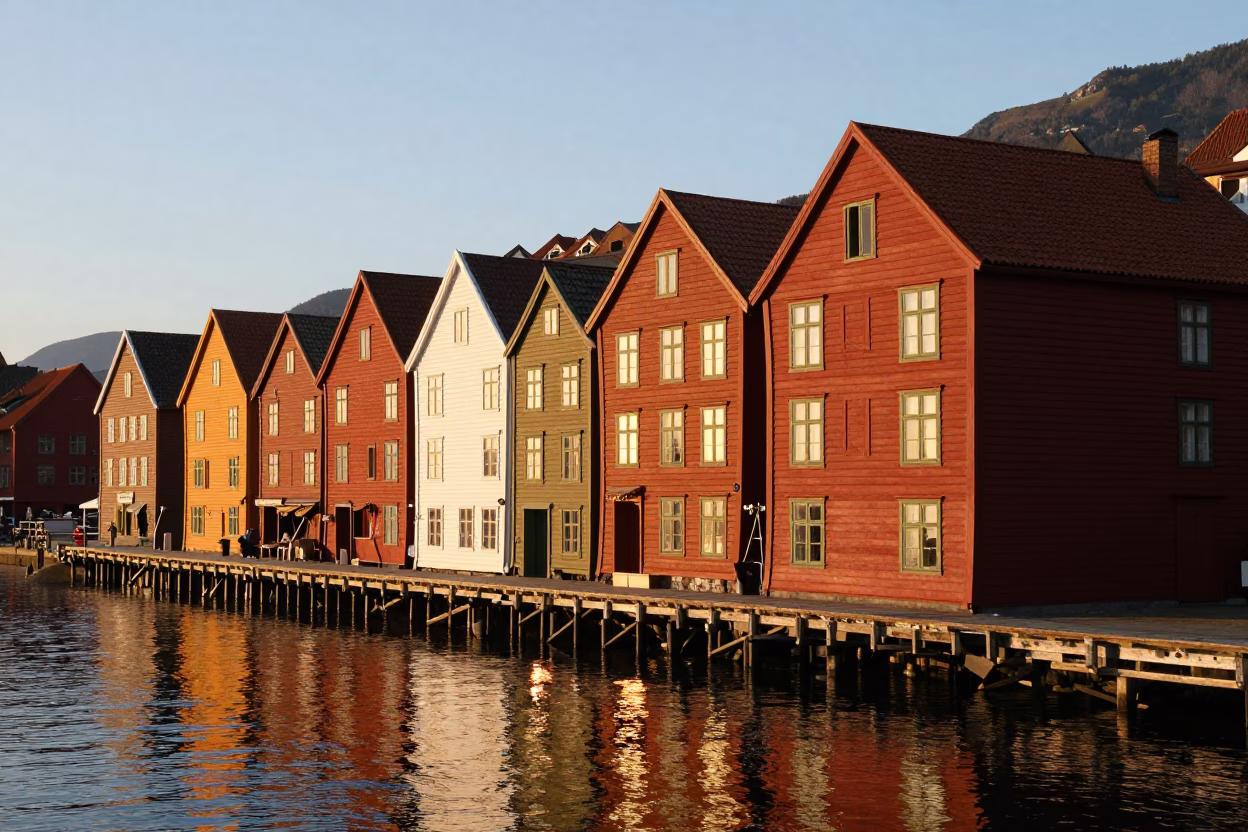 Wooden Bryggen Wharf And Colorful Hanseatic Houses Along The Harbor in Bergen in in Bergen, Norway