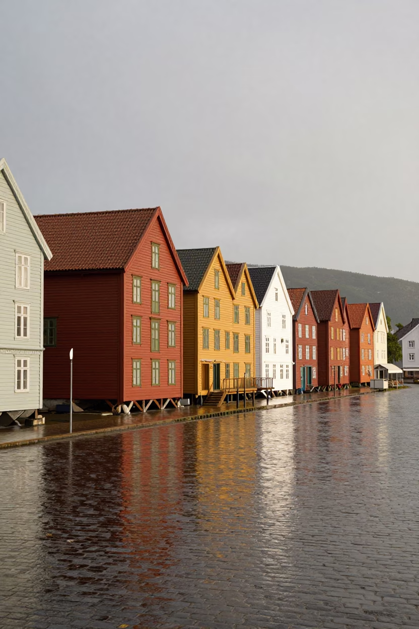 Wooden Buildings in Bergen at First Light in in Bergen, Norway