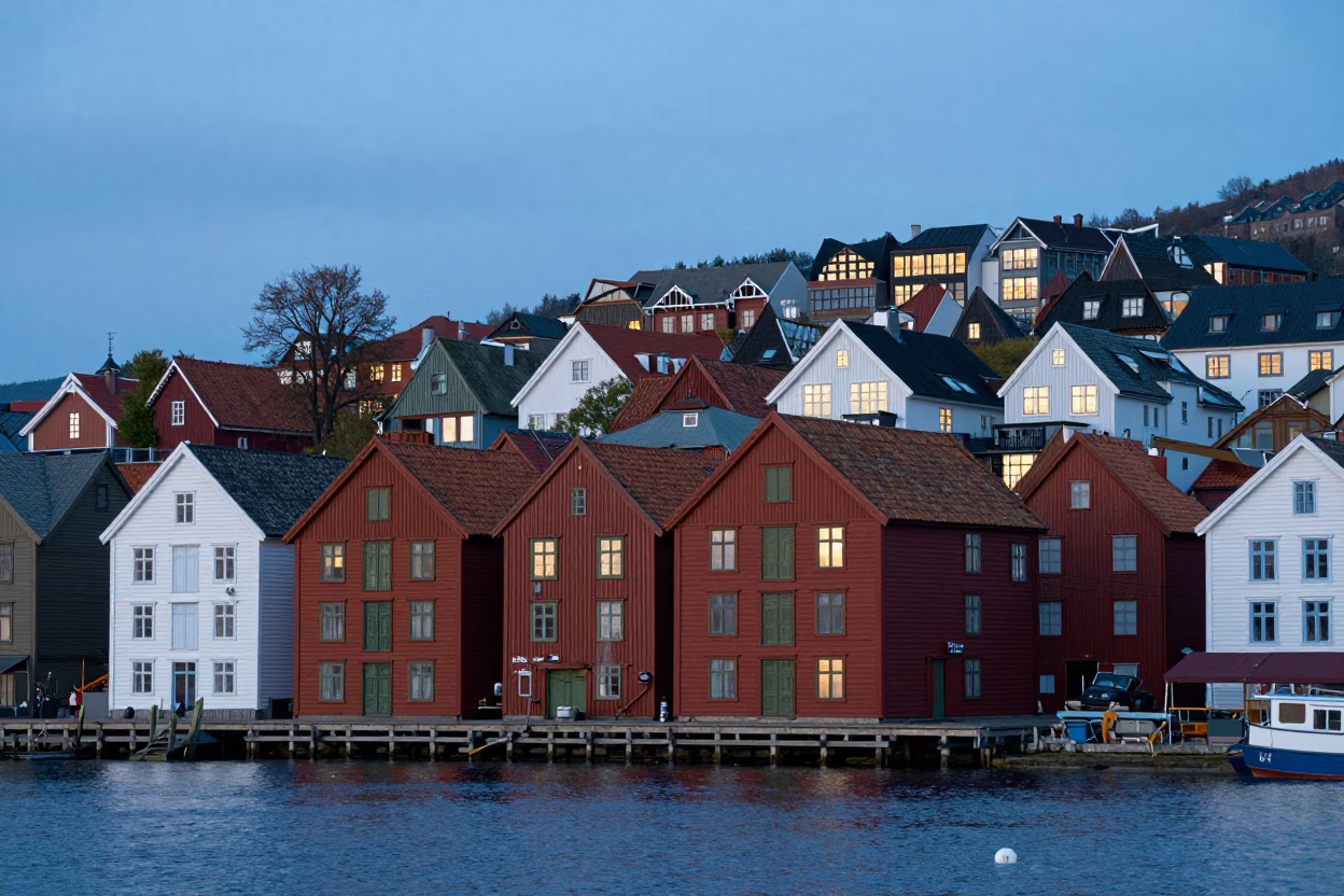 Wooden Buildings in Bergen at The Last Blue Light Of Evening in in Bergen, Norway