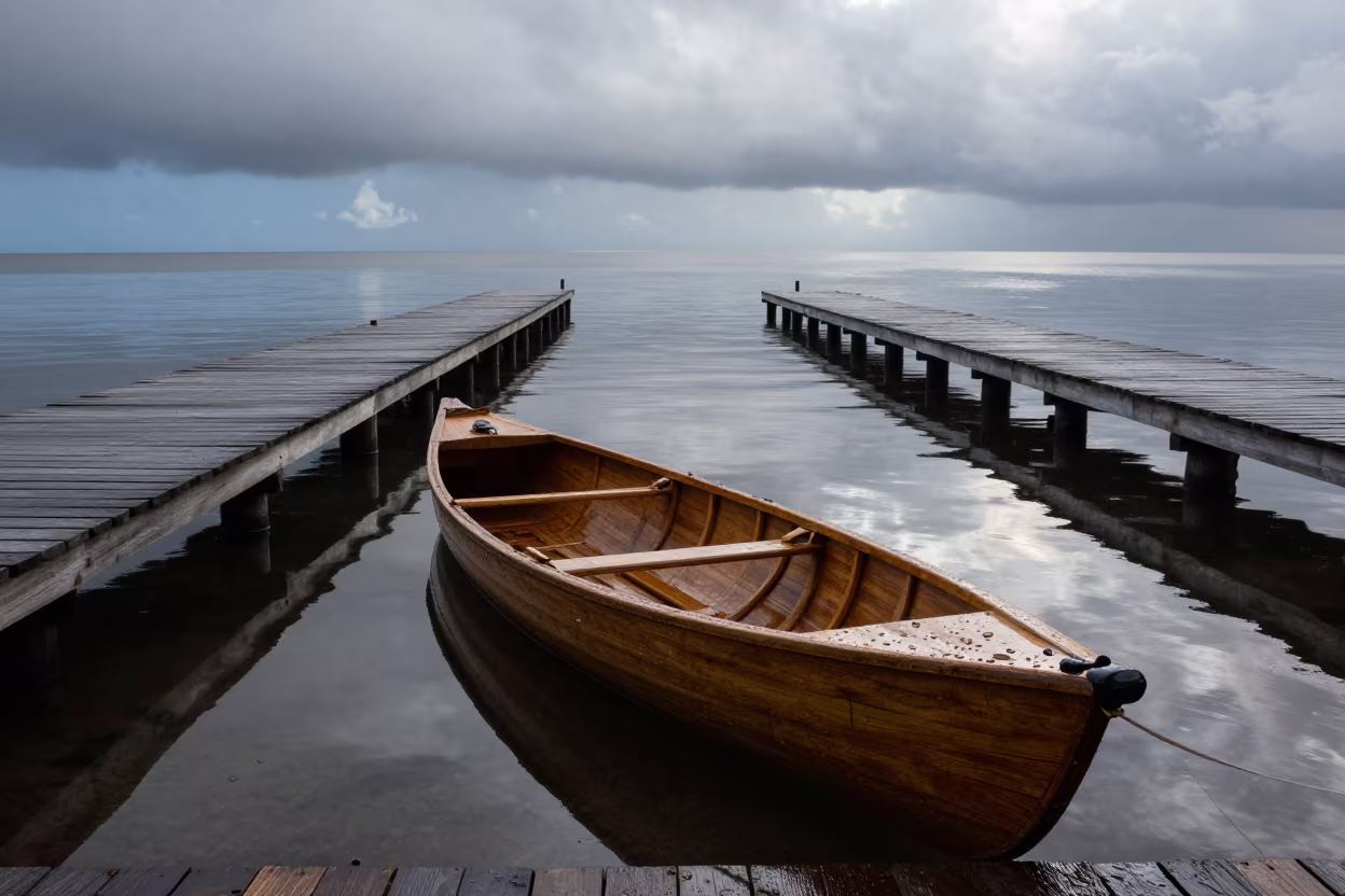 Wooden Canoe Reflection at Dawn Ferry Crossing Caracas in across a remote ferry crossing near Caracas
