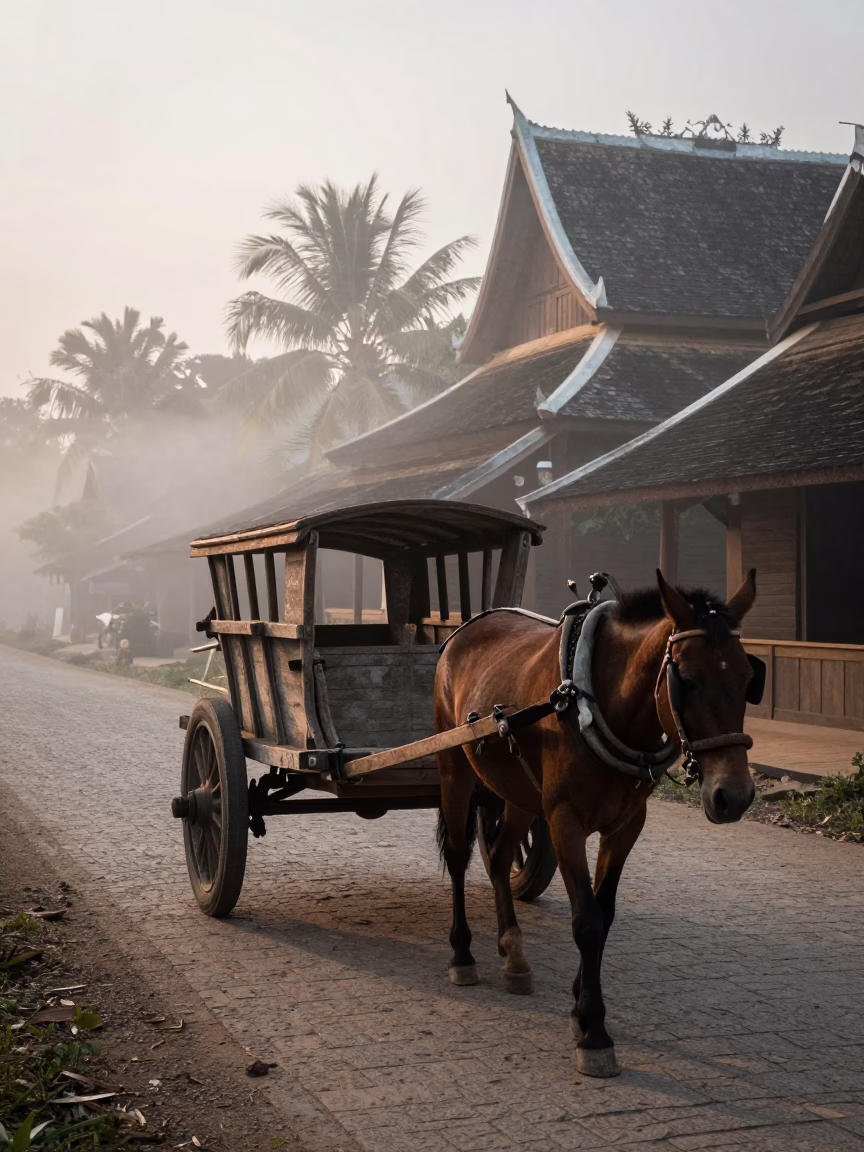 Wooden Cart in Luang Prabang at First Light Of Dawn in in Luang Prabang, Laos
