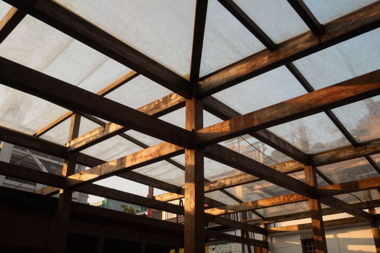 Wooden Ceiling Beams Colaba Mumbai Golden Hour in inside a glass-roofed arcade in Colaba, Mumbai