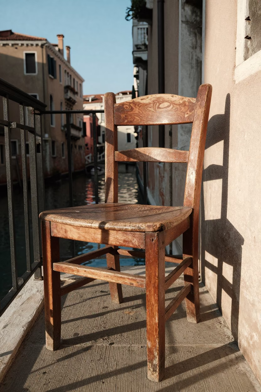 Wooden Chair in Venice at The Early Afternoon Light in in Venice, Italy