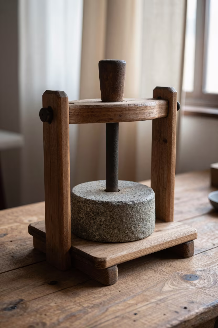 Wooden Cheese Press Stone Weight Aqaba in on a rustic wooden table in Aqaba