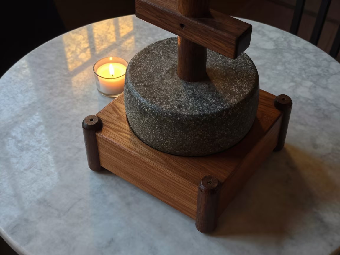 Wooden Cheese Press Stone Weight Candlelight in on a marble cafe table in Chimoio