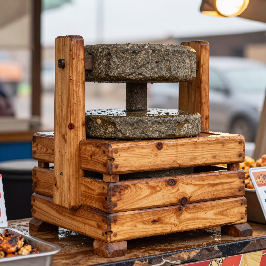 Wooden Cheese Press Stone Weight Market Stall in at a market stall counter in Nouakchott