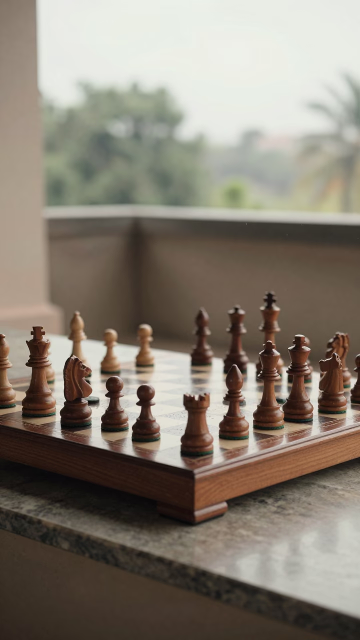Wooden Chess Set on Marble Ledge in Veraval in on a stone ledge in Veraval