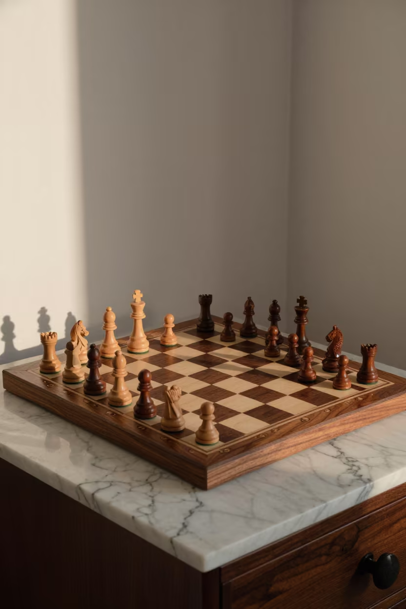 Wooden Chess Set on Marble Table in Ghaziabad in on a bedside table in Ghaziabad