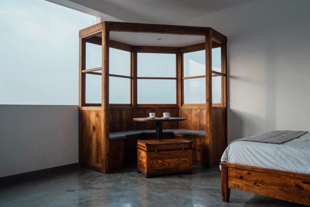 Wooden Chest at Bed Foot in Lima Nook in in a breakfast nook in Lima