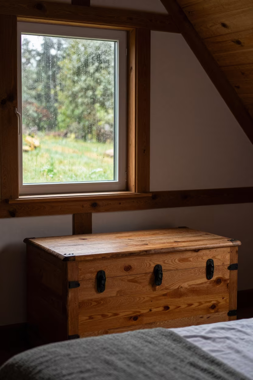 Wooden Chest by Window in Phoenix Bedroom in beside a rain-streaked window in Phoenix