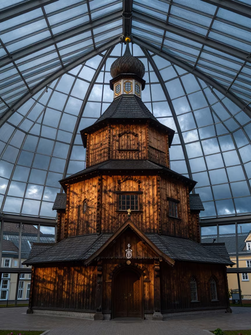 Wooden Church Onion Dome Atrium Bonn Sunrise in inside a vaulted atrium in Bonn