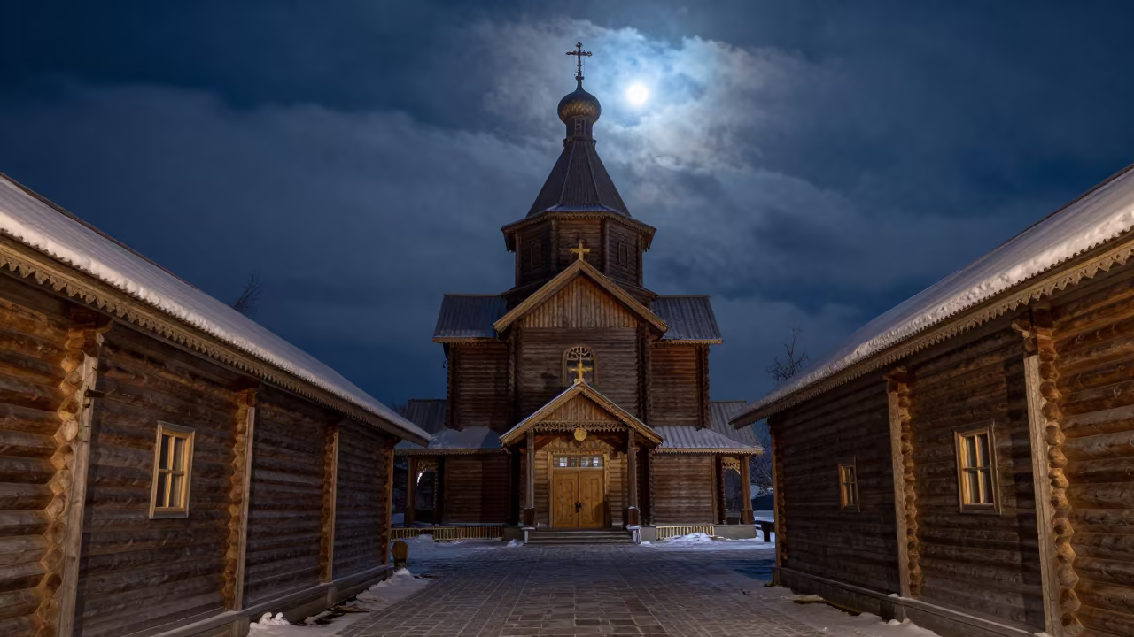 Wooden Church Onion Dome Moonlit Dalian Night in inside a skylit passageway in Dalian
