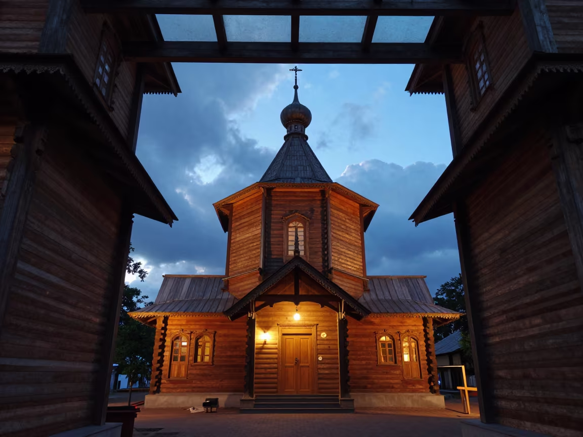Wooden Church with Onion Dome in Skylit Passage in inside a skylit passageway near Chennai