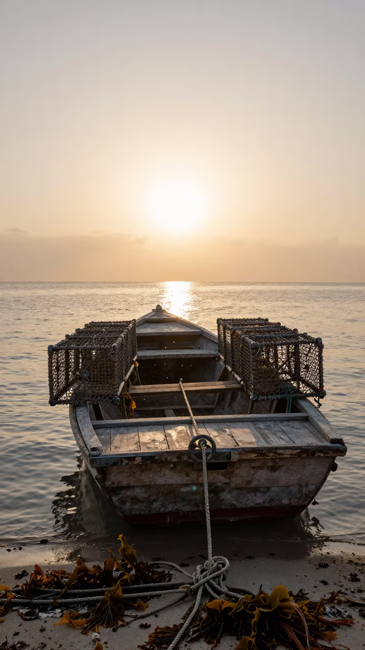 Wooden Crab Boat Hauling Pots at Cuban Dawn in along a kelp-fringed shelf in Cuba
