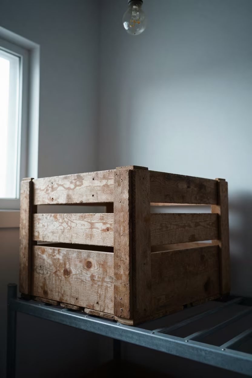 Wooden Crate on Pier Rack Under Bare Bulb in on a pier railing in Cancun