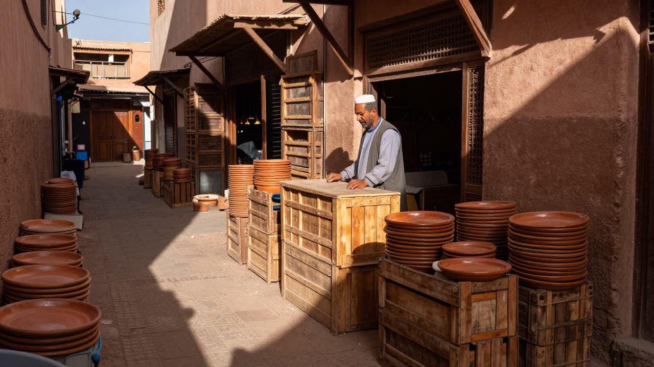 Wooden Crates in Marrakech at Clear Late-afternoon Light in in Marrakech, Morocco