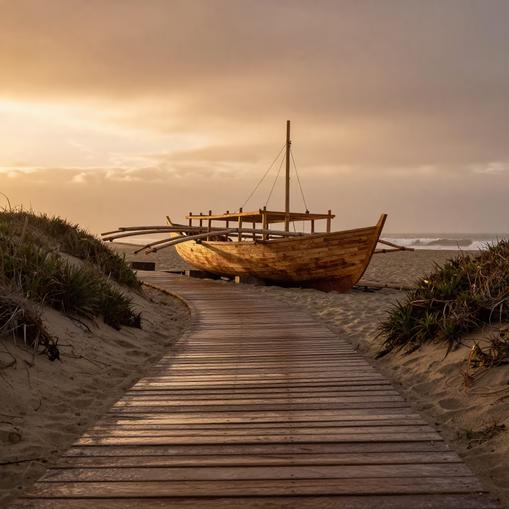 Wooden Dhow Under Construction on California Beach in along a switchback approach in California