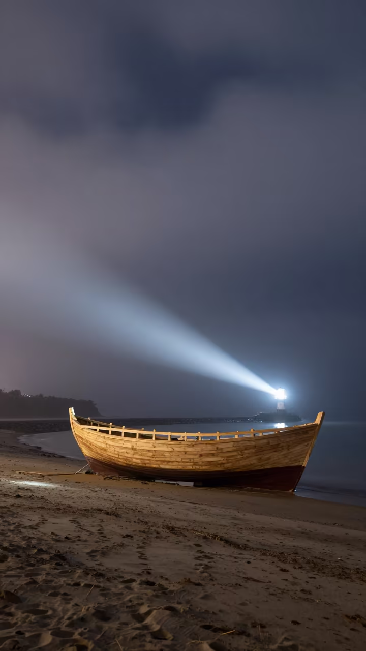 Wooden Dhow Construction Winter Harbor Night in beside a fogbound harbor mouth near Ribeira, Porto