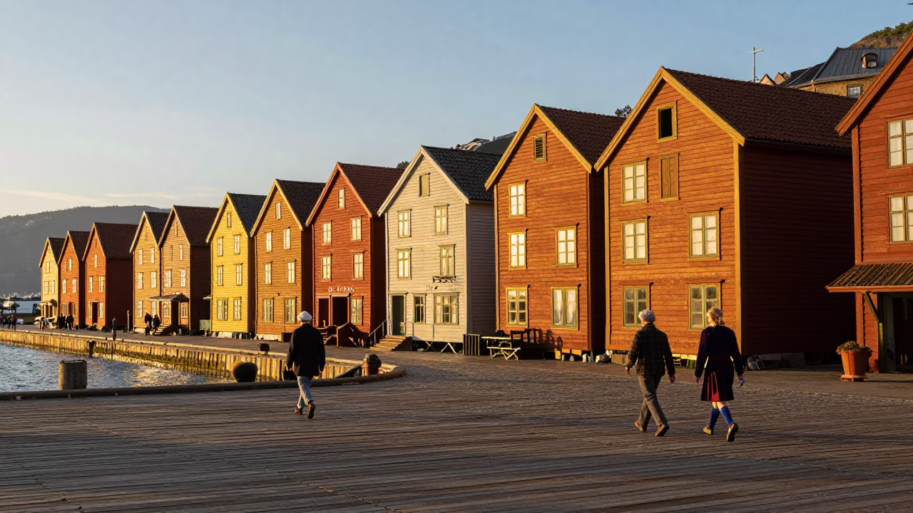 Wooden Dock in Bergen at Honeyed Evening Light in in Bergen, Norway