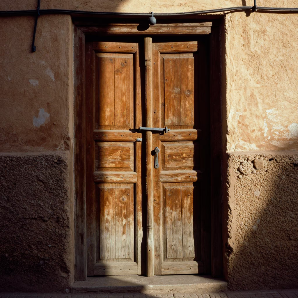 Wooden Door at Clear Late-afternoon Light in Fez in in Fez, Morocco