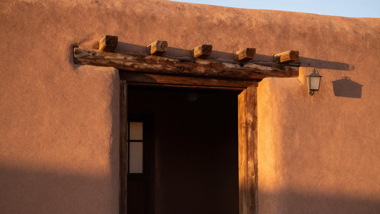 Wooden Doorframe just after sunrise in Santa Fe in in Santa Fe, New Mexico, United States