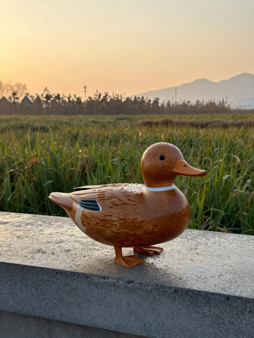 Wooden Duck Decoy on Qingdao Roadside Shelf Sunset in at a roadside stop near Qingdao