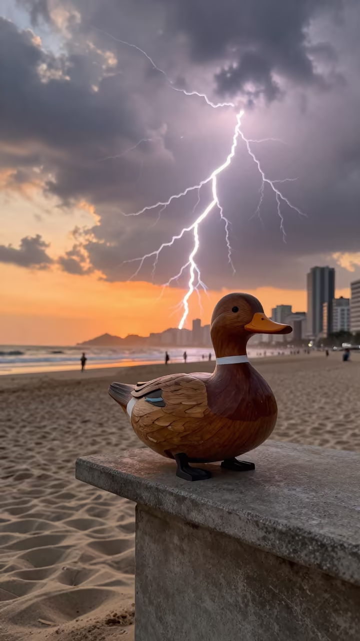 Wooden Duck Decoy on São Paulo Beach at Dusk in along a beach near São Paulo