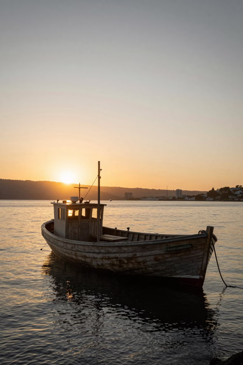 Wooden Fishing Boat in Wellington at As The Sun Drops Toward The Horizon in in Wellington, New Zealand