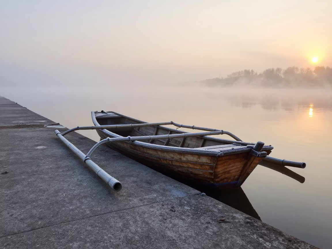 Wooden Fishing Boat on Moscow Causeway at Dawn in on a wind-open causeway near Zamoskvorechye, Moscow