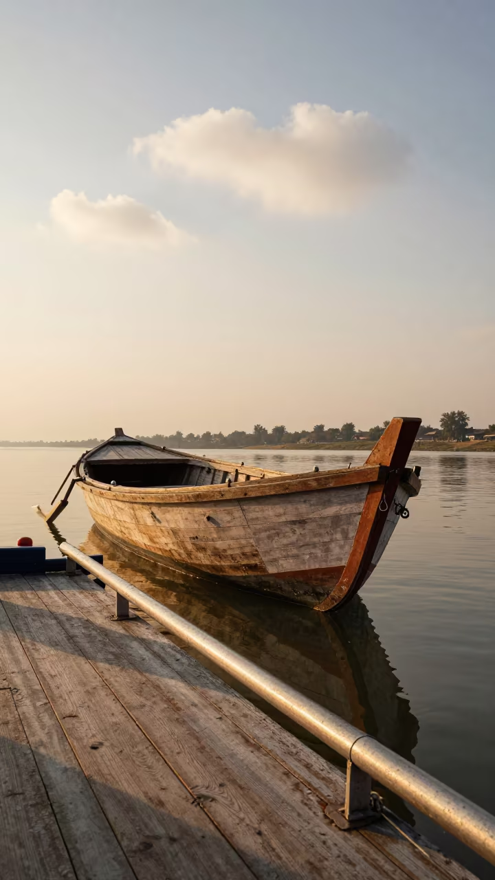 Wooden Fishing Boat with Outrigger on Punjab Ferry in across a remote ferry crossing in Punjab