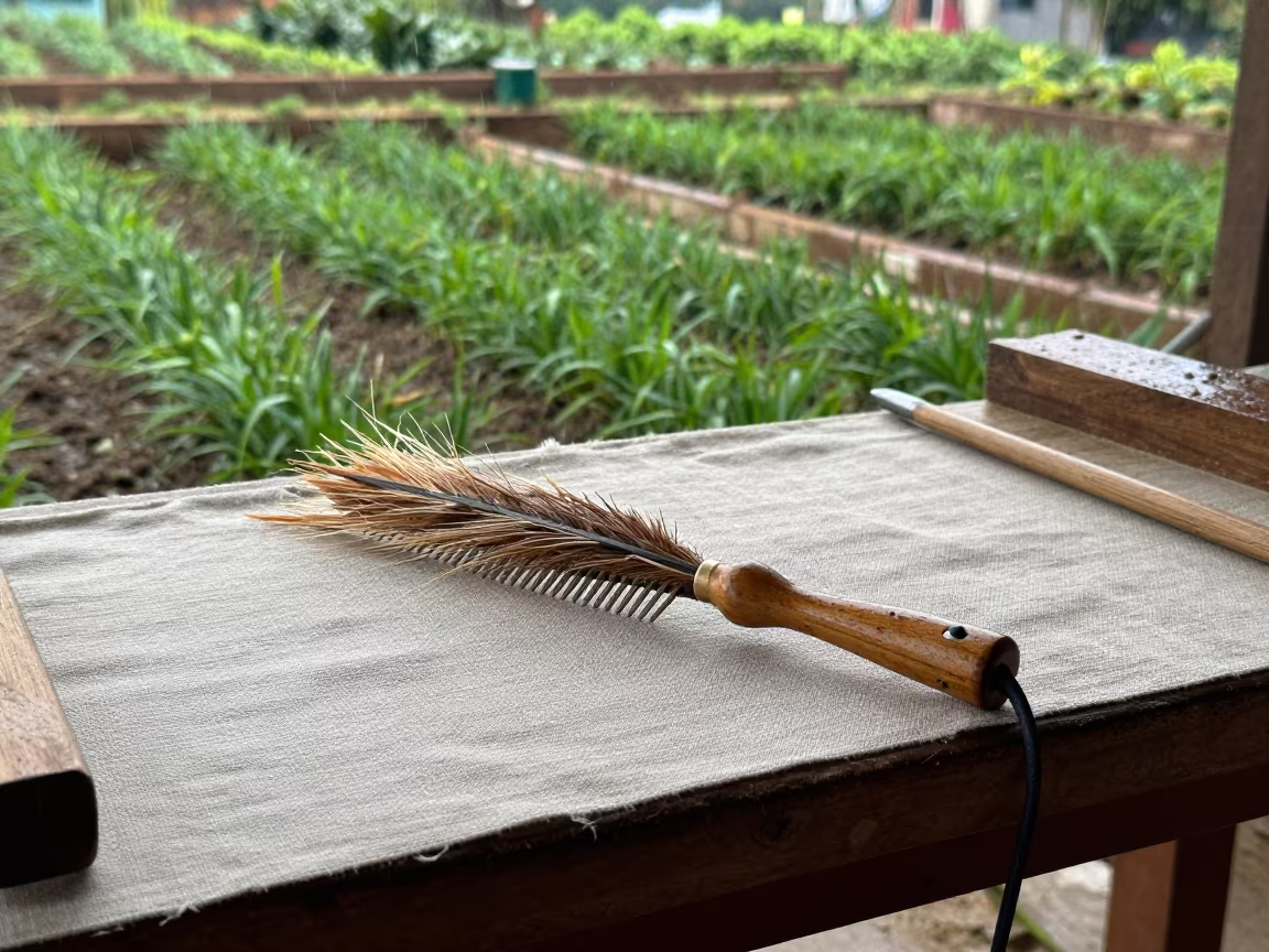 Wooden Flax Hackle with Iron Teeth on Linen Bench in among terraced garden plots near Patiala