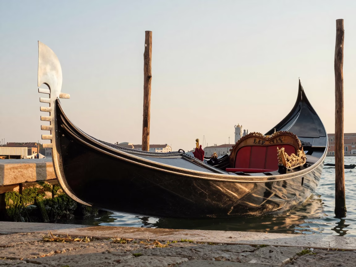 Wooden Gondola in Venice at Golden Hour in in Venice, Italy