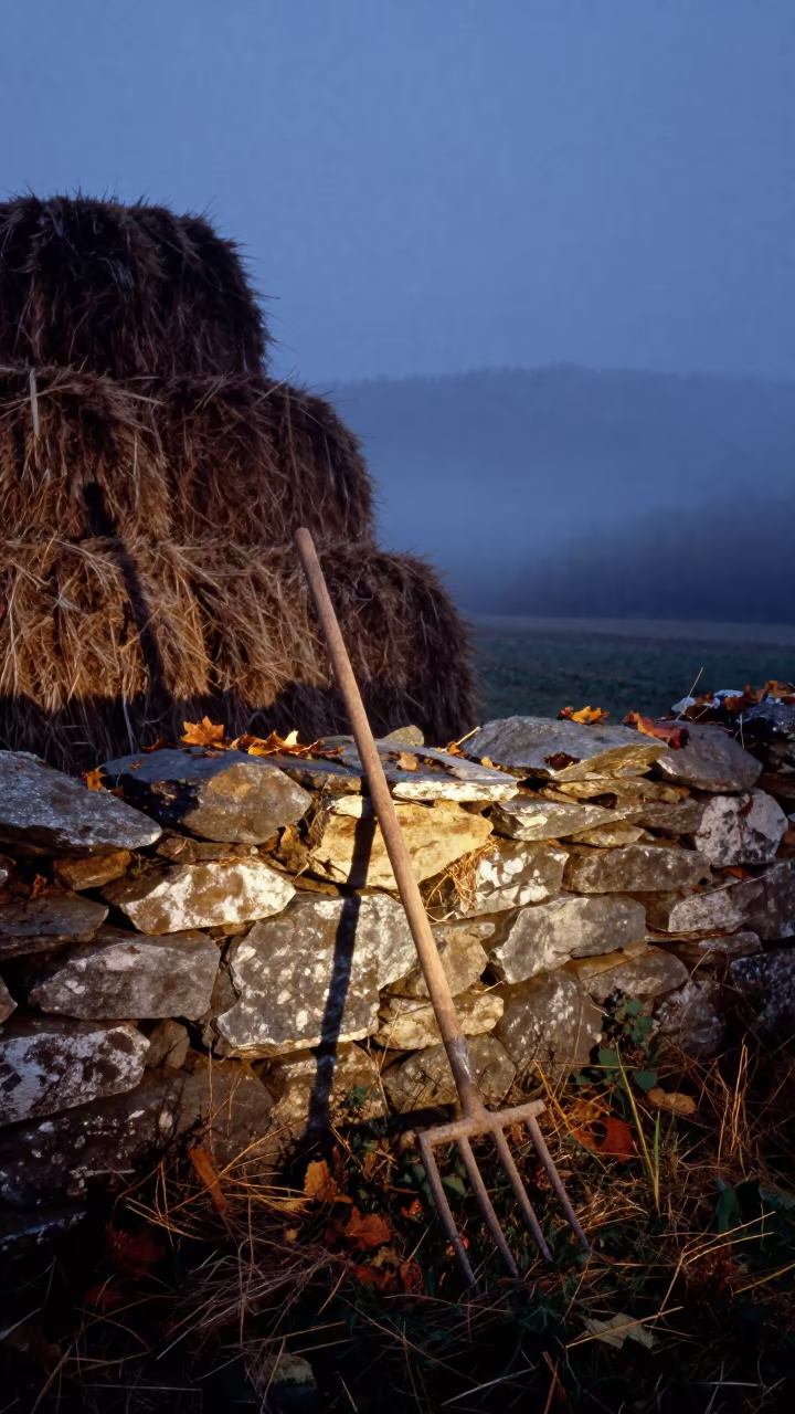 Wooden Hay Fork Lean Stone Wall Misty Slovakia in beside stacked hay bales in Slovakia