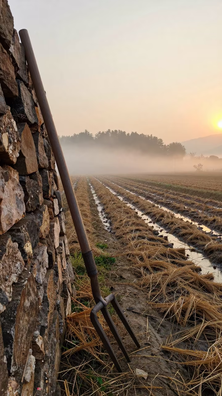 Wooden Hay Fork Leaning Stone Wall Misty Barn in along freshly irrigated rows in Sichuan